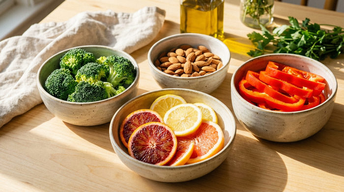 Eine bunte Vielfalt an frischen Zutaten auf einem hellen Tisch: Brokkoli, Mandeln, rote Paprika und aufgeschnittene Zitrusfrüchte in schönen Keramikschalen, umgeben von warmem Sonnenlicht.