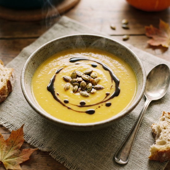 Eine wärmende Schüssel cremiger Kürbis-Ingwer-Suppe, liebevoll garniert mit gerösteten Kürbiskernen und einem Schuss dunklem Kürbiskernöl, serviert auf einem rustikalen Leinen-Tischset.