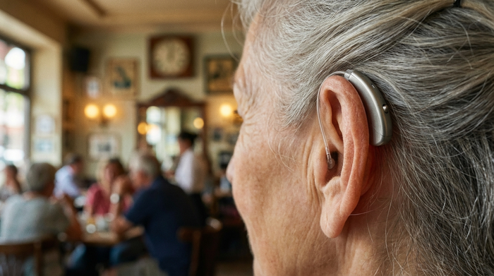 Nahaufnahme eines modernen, winzigen Hörgeräts, das elegant im Ohr einer älteren Dame sitzt. Im Hintergrund ein unscharfes, belebtes Café. Warme Farben, fotorealistisch.