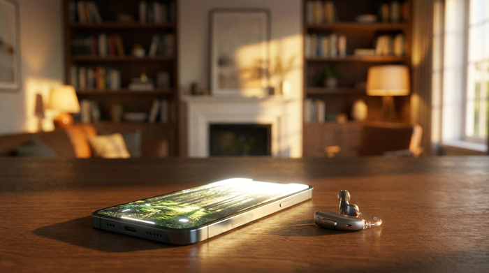 Ein Smartphone liegt auf einem Holztisch und zeigt ein leuchtendes Display. Daneben liegt ein modernes Hörgerät. Gemütliche Wohnzimmeratmosphäre im Hintergrund, sanftes Licht.