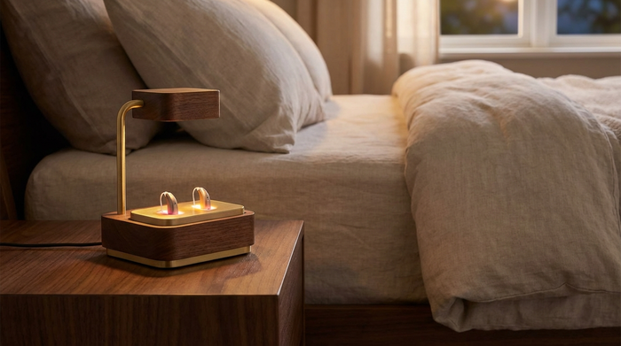 Eine elegante Ladestation für Hörgeräte auf einem modernen Nachttisch. Zwei kleine Hörgeräte liegen in der Schale und leuchten sanft. Ein weiches Bett im Hintergrund, abendliche Stimmung.