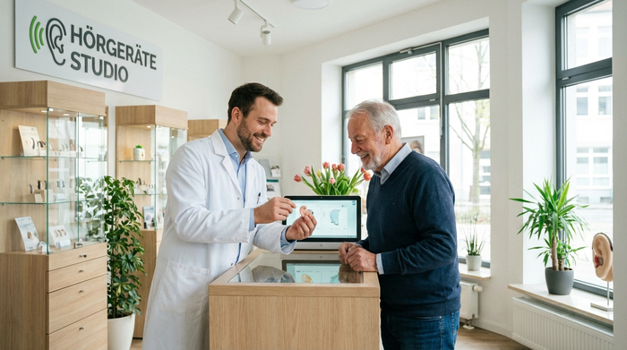 Ein freundlicher Hörakustiker im weißen Kittel berät einen älteren Herrn in einem hellen, modernen Geschäft. Beide lächeln. Professionelle und vertrauensvolle Atmosphäre, klare Beleuchtung.