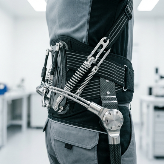 Nahaufnahme eines modernen, mechanischen passiven Exoskeletts, getragen von einem Mann im Profil. Fokus auf die ergonomischen Federn und Gummizüge am unteren Rücken. Hell beleuchteter Raum, saubere Umgebung, fotorealistisch, keine Schriftzüge.