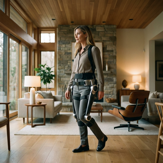 Ein aktives Hightech-Exoskelett mit kleinen, eleganten Elektromotoren an den Hüftgelenken, getragen von einer Frau in einem modernen Wohnzimmer. Hochwertige Materialien, futuristisch aber realistisch, weiches Licht.