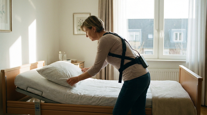 Eine Frau beugt sich schonend nach vorne, um ein Kissen auf einem Pflegebett zu richten, während sie ein unauffälliges Exoskelett trägt. Die Körperhaltung ist ergonomisch, der Rücken gerade. Ruhige, helle Atmosphäre, realistische Szene ohne Text.