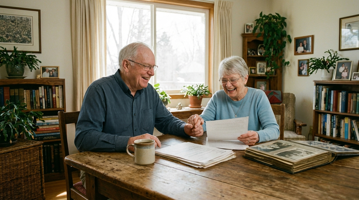Ein älteres Ehepaar sitzt gemeinsam an einem Holztisch im Wohnzimmer und bespricht entspannt Dokumente. Eine Tasse Kaffee steht auf dem Tisch. Warme, familiäre Atmosphäre, helle Beleuchtung, professionelles Foto.