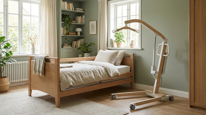 Ein moderner, sauberer Patientenlifter steht ungenutzt in der Ecke eines hellen, freundlichen Zimmers neben einem Pflegebett. Realistische Darstellung, aufgeräumt, beruhigende Farben, keine medizinische Krankenhausatmosphäre.
