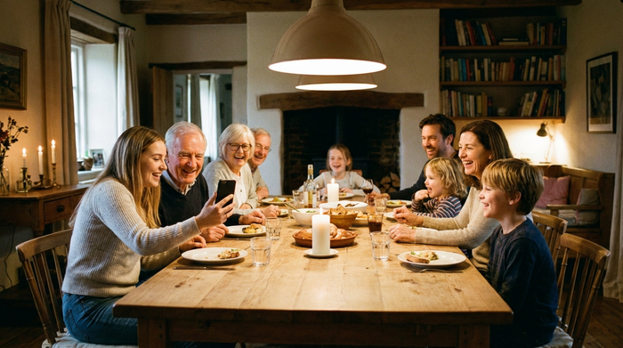 Eine Familie unterschiedlicher Generationen sitzt lachend an einem großen Esstisch. Eine junge Frau zeigt ihrem älteren Vater etwas auf einem Smartphone. Warme Beleuchtung, entspannte Stimmung.