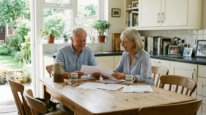 Ein älteres Ehepaar sitzt gemeinsam am Küchentisch und bespricht entspannt Papiere. Eine Kaffeekanne und Tassen stehen auf dem Tisch, friedliche und aufgeräumte Umgebung.