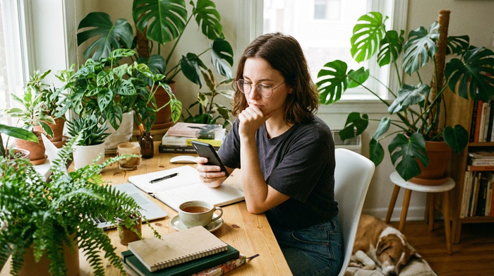 Eine nachdenkliche Frau mit Brille sitzt an einem Schreibtisch, stützt das Kinn auf die Hand und blickt konzentriert auf ein Smartphone. Helles Arbeitszimmer mit grünen Zimmerpflanzen.