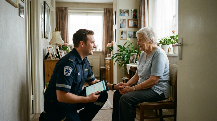 Ein Rettungssanitäter in Uniform steht im Flur einer Wohnung und spricht ruhig mit einer älteren Dame. Er hält ein Tablet in der Hand, vertrauensvolle Atmosphäre.