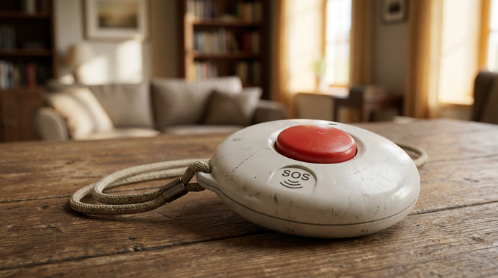 Nahaufnahme eines klassischen Hausnotruf-Senders mit einem markanten roten Knopf, der auf einem sauberen Holztisch liegt. Im Hintergrund ist ein gemütliches Wohnzimmer unscharf zu erkennen. Helle, freundliche Beleuchtung, fotorealistisch.