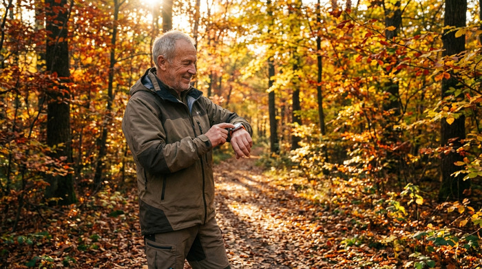 Ein rüstiger Senior spaziert durch einen sonnendurchfluteten Herbstwald und schaut auf seine moderne Smartwatch am Handgelenk. Er trägt eine funktionale Outdoor-Jacke. Natürliches Licht, realistische und vitale Szene ohne Text.