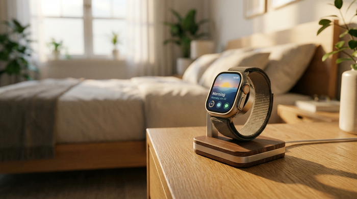 Eine moderne Smartwatch liegt auf einer kleinen, eleganten magnetischen Ladestation auf einem hölzernen Nachttisch. Im Hintergrund ein weich gezeichnetes, aufgeräumtes Schlafzimmer im warmen Morgenlicht.