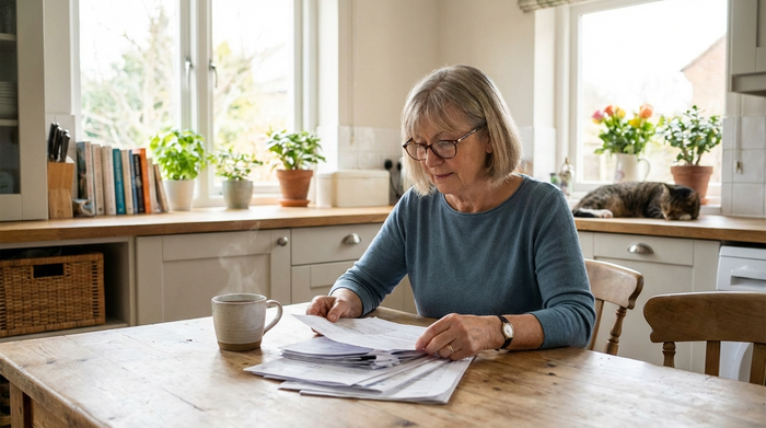 Eine ältere Person sitzt am Küchentisch und geht entspannt einige Dokumente durch. Eine dampfende Tasse Tee steht daneben. Friedliche, geordnete Atmosphäre bei hellem Tageslicht, ohne lesbaren Text auf den Papieren.