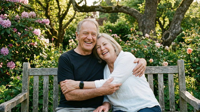 Ein älteres Ehepaar sitzt lachend zusammen auf einer Gartenbank im Grünen. Der Mann trägt eine unauffällige Smartwatch, die Frau entspannt sich an seiner Seite. Sonniges, idyllisches Ambiente, hochwertige Fotografie.