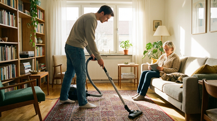 Ein junger Mann saugt den Teppich in einem hellen, liebevoll eingerichteten Wohnzimmer, während eine ältere Dame im Hintergrund entspannt auf dem Sofa liest. Realistische Alltagsszene, warmes Licht, ordentliches Umfeld.