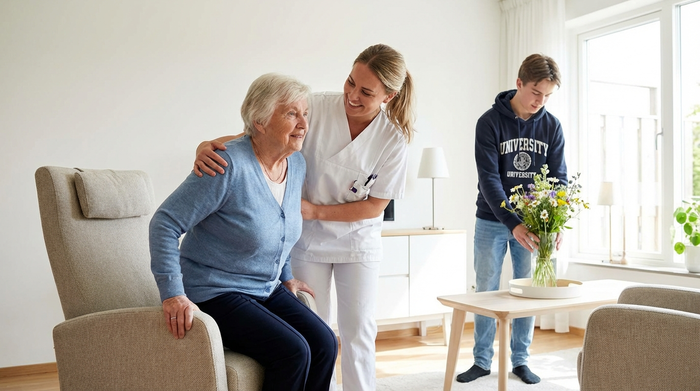 Eine professionelle Pflegekraft in weißer Berufskleidung hilft einer älteren Frau liebevoll beim Aufstehen aus einem Sessel. Im Kontrast dazu steht ein junger Student, der im Hintergrund frische Blumen auf den Tisch stellt. Helle, saubere Wohnumgebung.