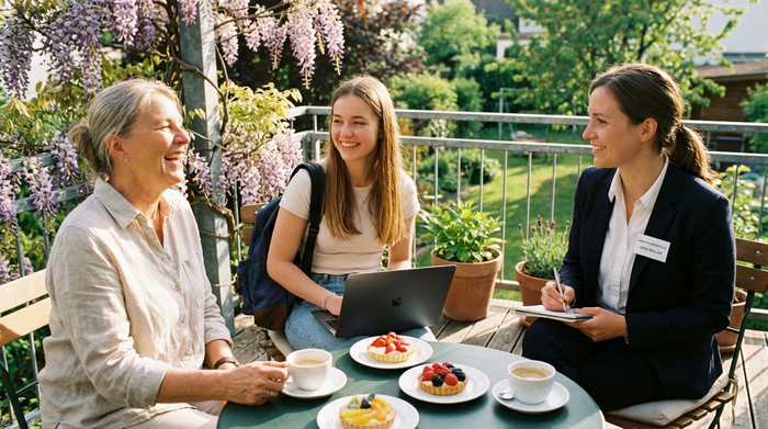 Drei Personen sitzen entspannt auf einer Terrasse bei Kaffee und Kuchen: Eine ältere Frau, eine junge Studentin und eine Beraterin der Vermittlungsstelle mit einem Notizblock. Freundliche Stimmung, sonniger Nachmittag.