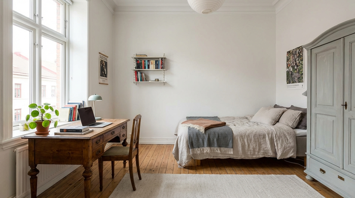 Ein helles, aufgeräumtes und möbliertes Studentenzimmer in einem älteren Haus. Ein gemütliches Bett, ein Schreibtisch am Fenster und ein Kleiderschrank. Einladende Atmosphäre mit einer kleinen Zimmerpflanze auf dem Tisch.