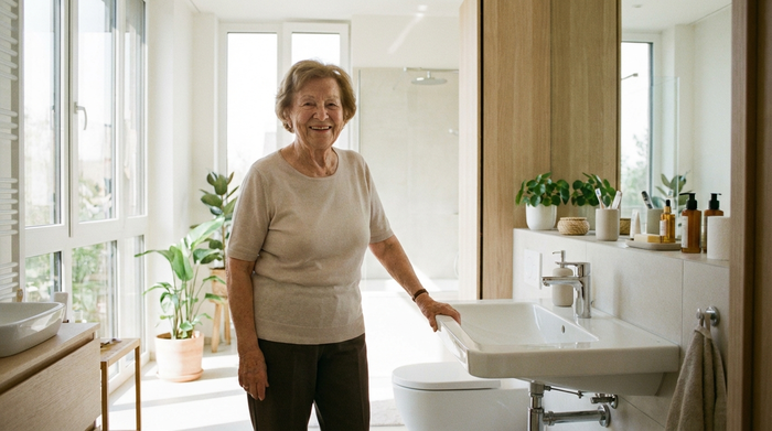 Eine ältere, freundlich lächelnde Dame steht sicher und entspannt in einem modernen Badezimmer und stützt sich leicht auf ein unterfahrbares, weißes Waschbecken. Die Umgebung ist lichtdurchflutet und aufgeräumt.