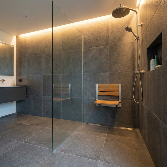 Eine bodengleiche Dusche mit rutschfesten, anthrazitfarbenen Bodenfliesen und einer eleganten, klaren Glaswand. Ein stabiler Duschsitz ist an der Wand befestigt, daneben befindet sich eine moderne Regendusche.