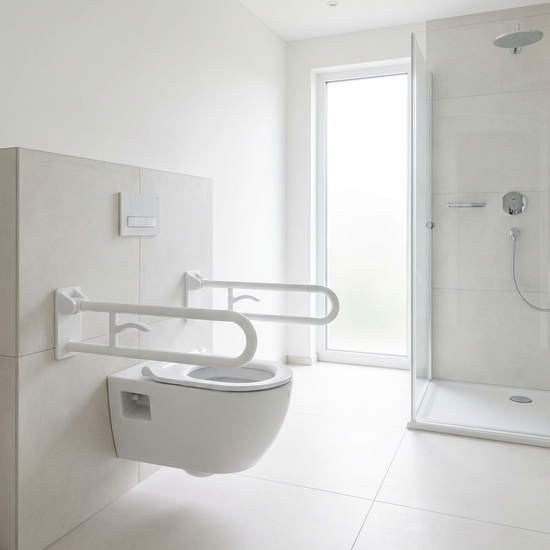 Ein modernes, leicht erhöhtes Wand-WC mit beidseitig montierten, weißen Stützklappgriffen in einem hell beleuchteten, sauberen Badezimmer.