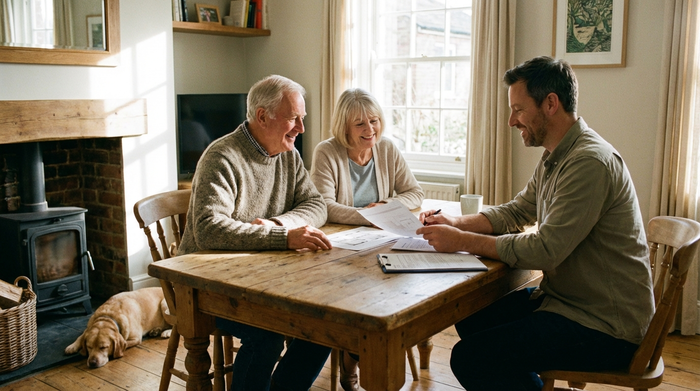 Ein älteres Ehepaar sitzt entspannt an einem Holztisch im Wohnzimmer und bespricht gemeinsam mit einem freundlichen Berater Dokumente für den Badumbau. Vertrauensvolle und positive Stimmung.