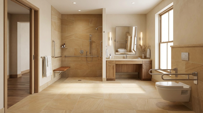 Ein geräumiges, luxuriöses Badezimmer, das vollständig rollstuhlgerecht ausgebaut ist. Breite Durchgänge, viel freie Bewegungsfläche und stilvolle, rutschfeste Sandsteinfliesen prägen das harmonische Raumbild.