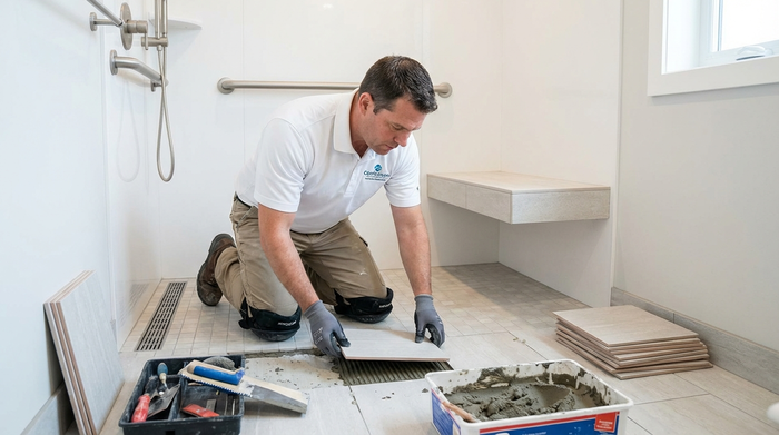 Ein professioneller Handwerker in sauberer Arbeitskleidung verlegt konzentriert und sorgfältig rutschfeste Bodenfliesen in einem neuen, barrierefreien Duschbereich. Präzise und aufgeräumte Arbeitsumgebung.