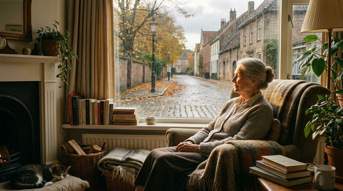 Eine nachdenkliche ältere Dame blickt aus dem Fenster ihres gemütlichen Wohnzimmers auf eine herbstliche Straße. Sanftes, natürliches Licht beleuchtet ihr Gesicht, die Umgebung ist ruhig und aufgeräumt.