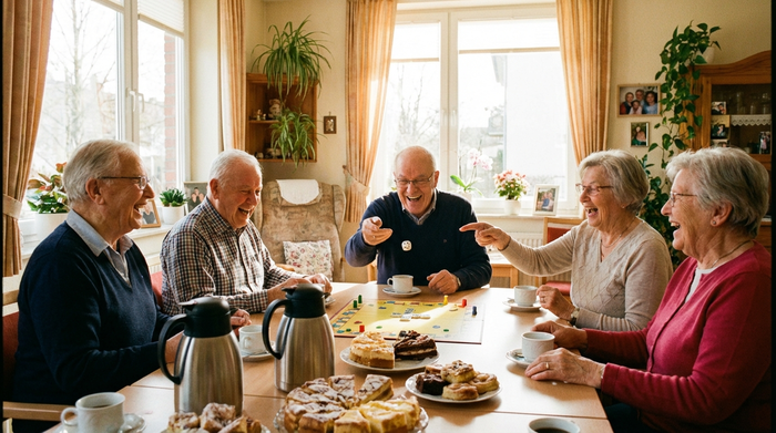 Eine fröhliche Gruppe von Senioren sitzt in einem hellen Gemeinschaftsraum zusammen, spielt ein Brettspiel und lacht. Die Stimmung ist ausgelassen, freundlich und aktiv, mit Kaffee und Kuchen auf dem Tisch.