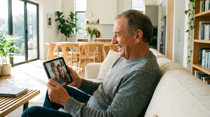 Ein lächelnder Großvater sitzt auf einem komfortablen Sofa und hält ein modernes Tablet in den Händen, auf dem er freudig einen Videoanruf führt. Der Raum ist hell und modern eingerichtet.