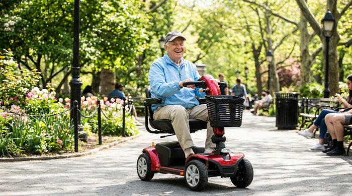 Ein aktiver Senior fährt mit einem modernen, roten Elektromobil durch einen grünen, sonnigen Park. Er trägt eine leichte Jacke und lächelt zufrieden, umgeben von Bäumen und einem gepflasterten Weg.