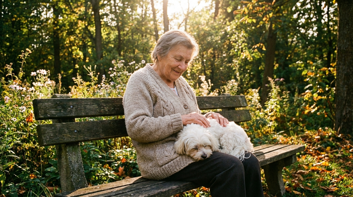 Eine ältere Frau streichelt liebevoll einen kleinen, flauschigen Hund auf ihrem Schoß. Sie sitzt auf einer Parkbank im Grünen, das Licht ist warm und die Szene strahlt tiefe Geborgenheit aus.