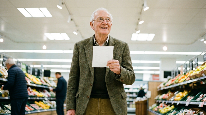 Ein älterer Herr mit Brille steht in einem aufgeräumten Supermarkt und lächelt, während er sich konzentriert an seinen Einkaufszettel erinnert. Helle Beleuchtung, unscharfer Hintergrund mit bunten Gemüseregalen.