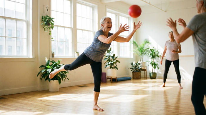 Eine fitte ältere Frau balanciert leicht auf einem Bein in einem hellen Raum, während sie lächelnd einen kleinen roten Ball in die Luft wirft. Aktive, dynamische Szene, realistisch.
