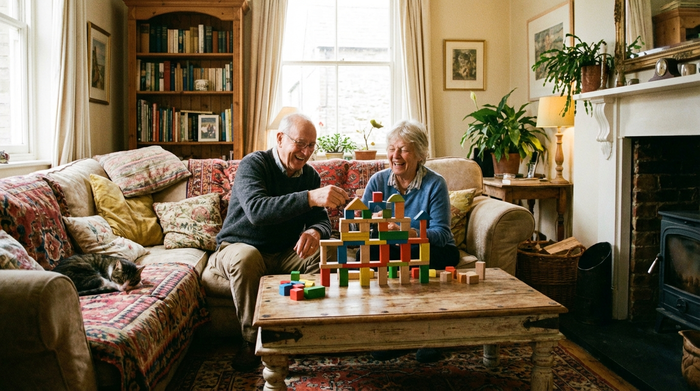 Zwei lachende Senioren sitzen auf einem gemütlichen Sofa und spielen zusammen mit bunten Holzklötzen auf einem Couchtisch. Gemütliches Wohnzimmer, warme Farben, entspannte Stimmung.