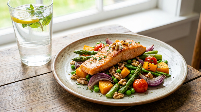 Ein schön angerichteter Teller mit frischem Lachs, buntem Gemüse und Walnüssen auf einem rustikalen Esstisch, daneben ein großes Glas Wasser. Appetitlich, helles Tageslicht.