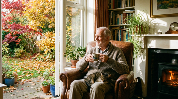 Ein älterer Mann sitzt entspannt in einem Sessel am Fenster, trinkt eine Tasse Tee und schaut lächelnd in einen herbstlichen Garten. Ruhige, friedliche Atmosphäre.