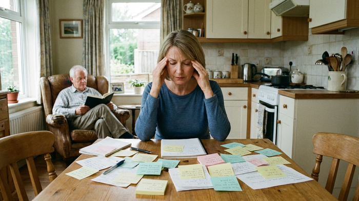 Eine nachdenkliche Frau mittleren Alters sitzt an einem Küchentisch, umgeben von Notizzetteln, und massiert sich leicht die Schläfen. Im Hintergrund sitzt ein älterer Herr entspannt in einem Sessel.