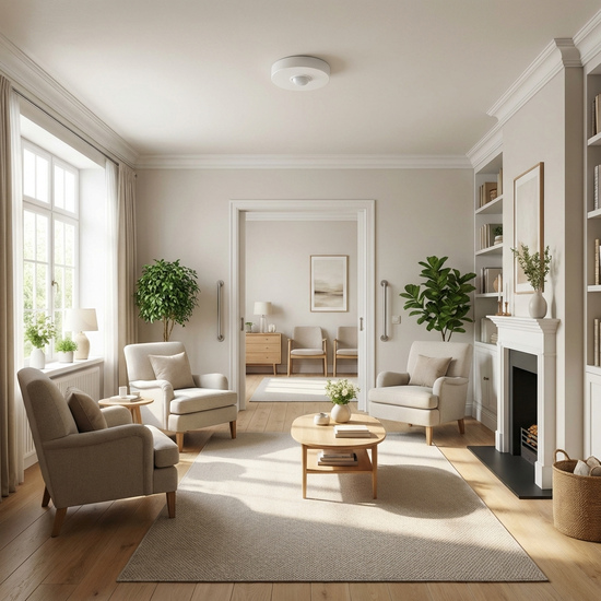 Ein unauffälliger, moderner Bewegungssensor an der Decke eines eleganten, seniorengerechten Wohnzimmers. Der Raum ist hell, aufgeräumt und strahlt Sicherheit aus.