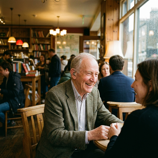 Ein älterer, lächelnder Mann trägt ein winziges, modernes Hörgerät im Ohr. Er sitzt in einem belebten, aber gemütlichen Café und unterhält sich fröhlich.
