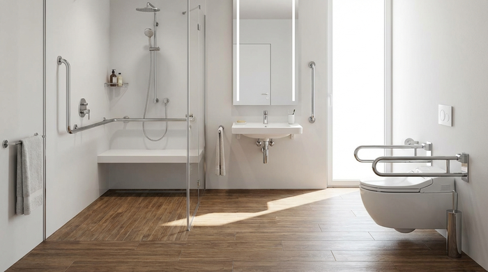 Ein hochmodernes, barrierefreies Badezimmer mit einer geräumigen, bodengleichen Dusche. Elegante, verchromte Haltegriffe und rutschfeste Fliesen in warmer Holzoptik sorgen für Sicherheit.