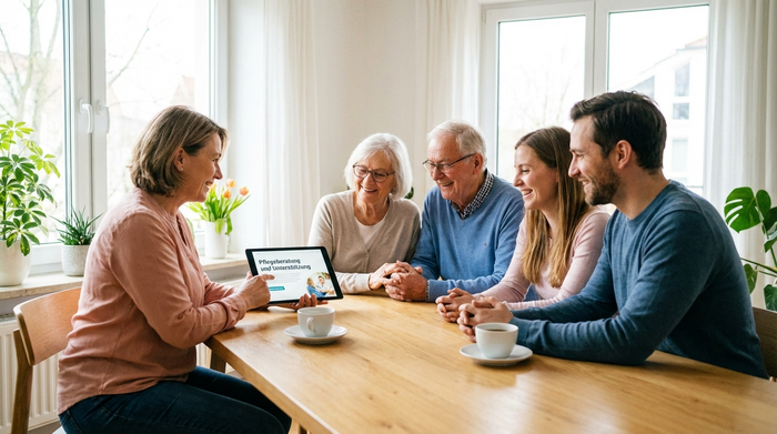 Eine freundliche Pflegeberaterin sitzt mit einer Familie an einem hellen Holztisch und zeigt auf ein Tablet. Die Familienmitglieder wirken erleichtert und lächeln.