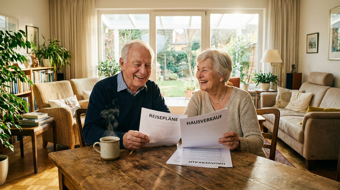 Ein älteres Ehepaar sitzt entspannt an einem Holztisch im hellen Wohnzimmer und betrachtet lächelnd Dokumente. Eine Tasse Kaffee steht auf dem Tisch. Friedliche, hoffnungsvolle Stimmung, fotorealistisch.