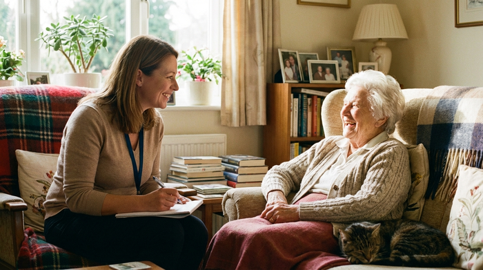 Eine freundliche Pflegeberaterin im Gespräch mit einer Seniorin in einem gemütlichen Zuhause. Die Beraterin hält einen Stift und macht Notizen auf einem Block. Vertrauensvolle Atmosphäre, weiches Licht.