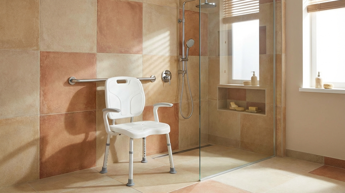 Ein ergonomischer, weißer Duschstuhl steht sicher in einer geräumigen, barrierefreien Dusche. Die Wände sind in hellen, warmen Erdtönen gefliest. Ein silberner Haltegriff ist in greifbarer Nähe an der Wand befestigt.
