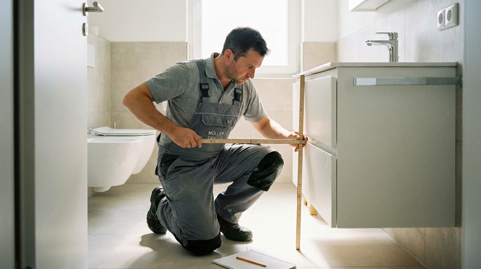 Ein Handwerker in sauberer Arbeitskleidung misst mit einem Zollstock den Abstand in einem hellen Badezimmer ab. Er kniet auf dem Boden neben einem modernen, weißen Waschbecken. Präzise und professionelle Arbeitssituation.