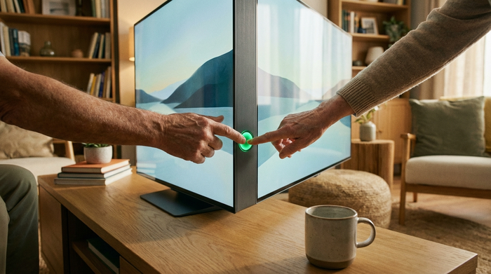 Ein minimalistischer, moderner Bildschirm steht auf einem aufgeräumten Holztisch in einem gemütlichen Wohnzimmer. Eine ältere Hand drückt sanft auf einen großen, gut sichtbaren grünen Knopf an der Seite des Geräts.
